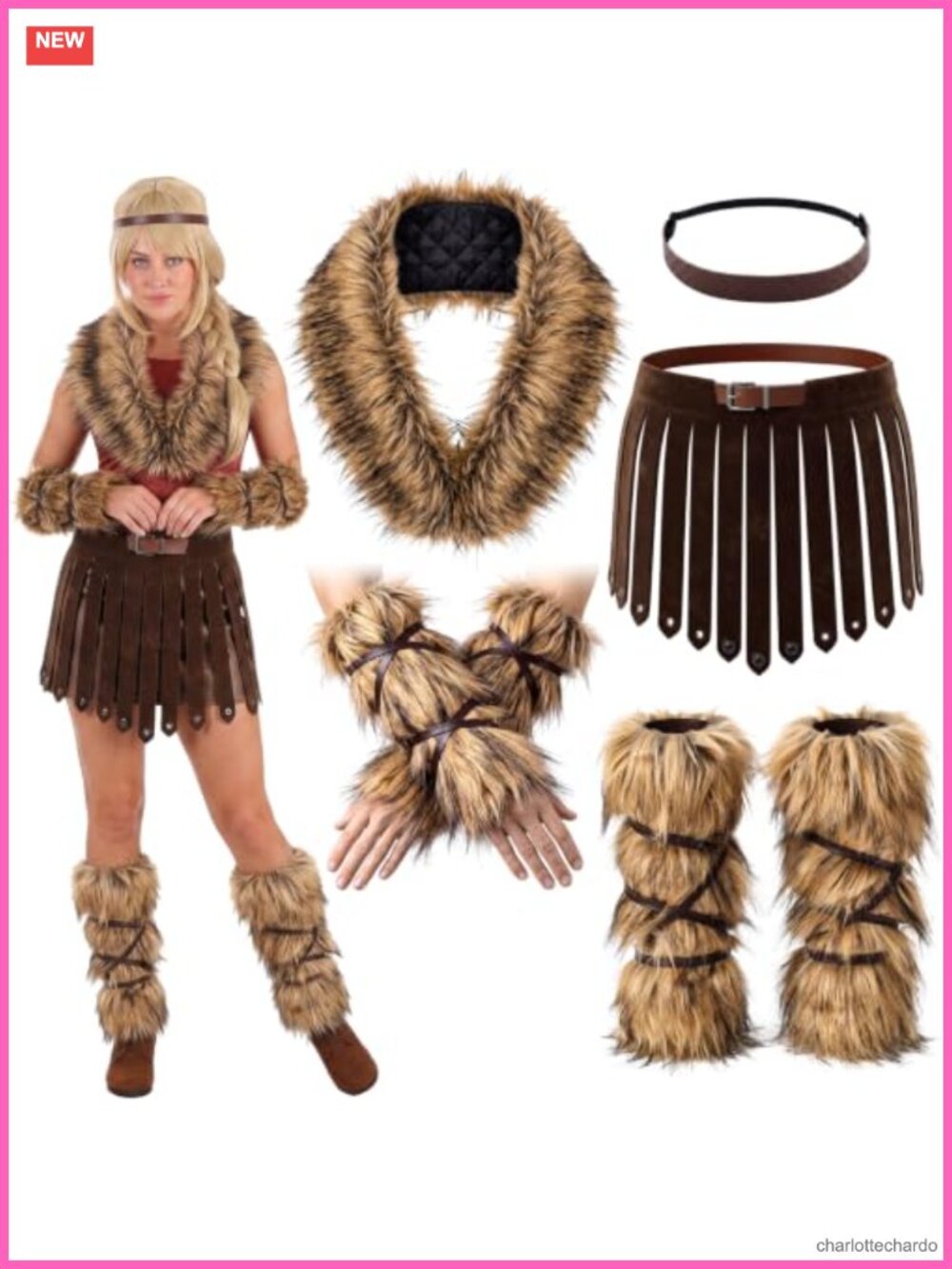 Viking Costume Set Faux Fur Collar Leg Warmers Armbands Skirt